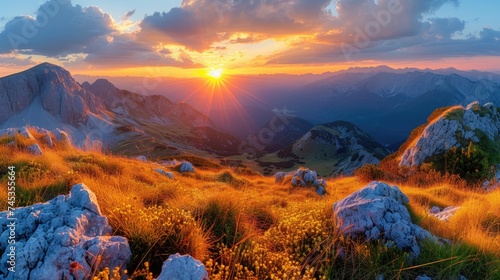 Golden sunset over alpine meadows