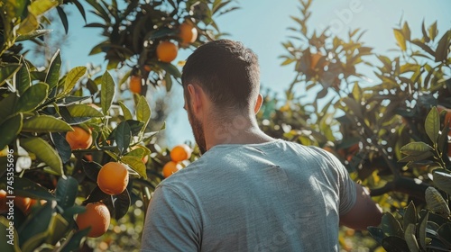 Back View of a Young Farmer Picking Oranges from His Harvest. Generative AI.