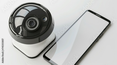 Surveillance Camera and Smartphone on White Background. Concept of Surveillance Cameras Connected to Mobile Phone via WiFi. Generative AI.