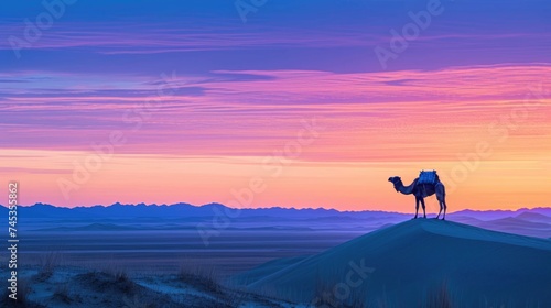 Silhouette of a lone camel in the desert