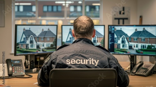 Security Guard Monitoring Modern CCTV Cameras in Housing Estates. Home Security Concept. Generative AI