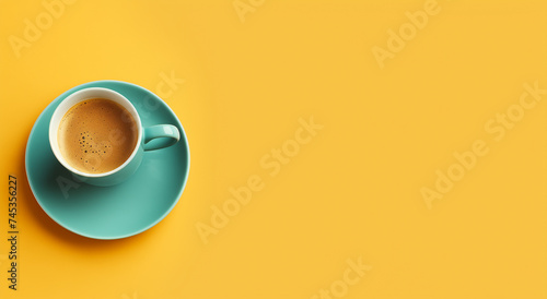 Espresso in Turquoise Cup on Bright Yellow Background - Vibrant Minimalist Coffee Background with Copy Space