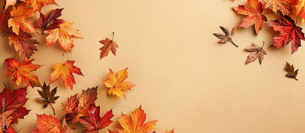 Autumn leaves on old paper background, top view, copy space Autumn leaves on old paper background, top view, copy space