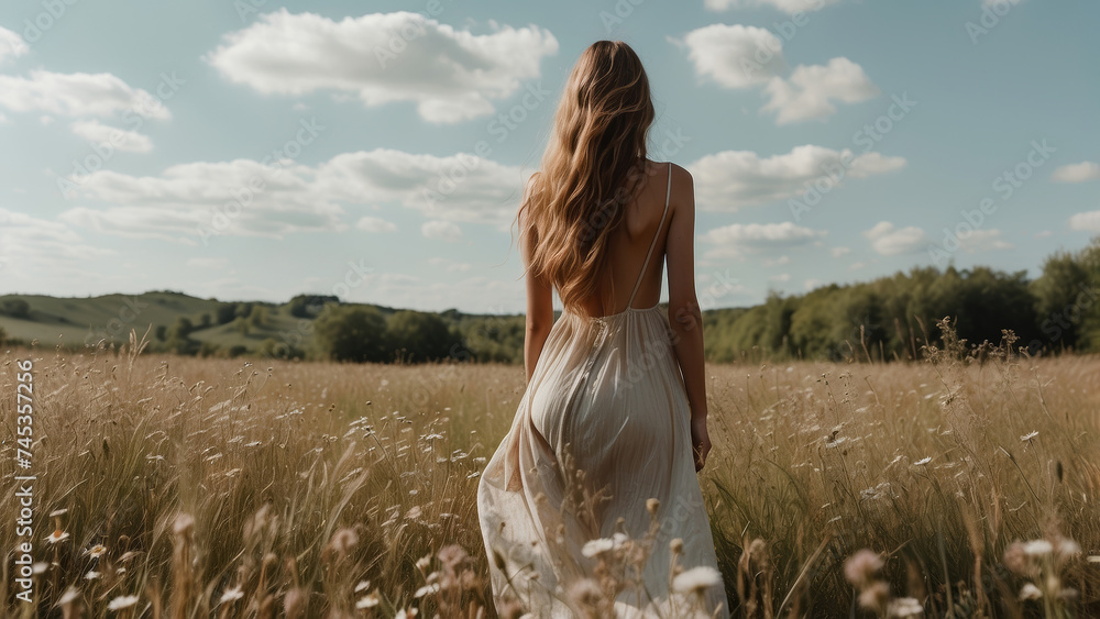 Obraz premium Beautiful woman in a white linen dress standing in a grass field with wild flowers on a bright sunny summer day. Nostalgic and optimistic vibes for a new beginning. Creative nature concept.