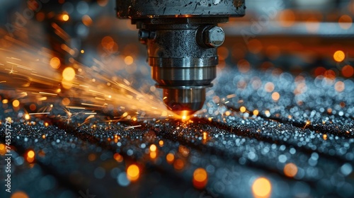 Industrial laser cutter with sparks photo