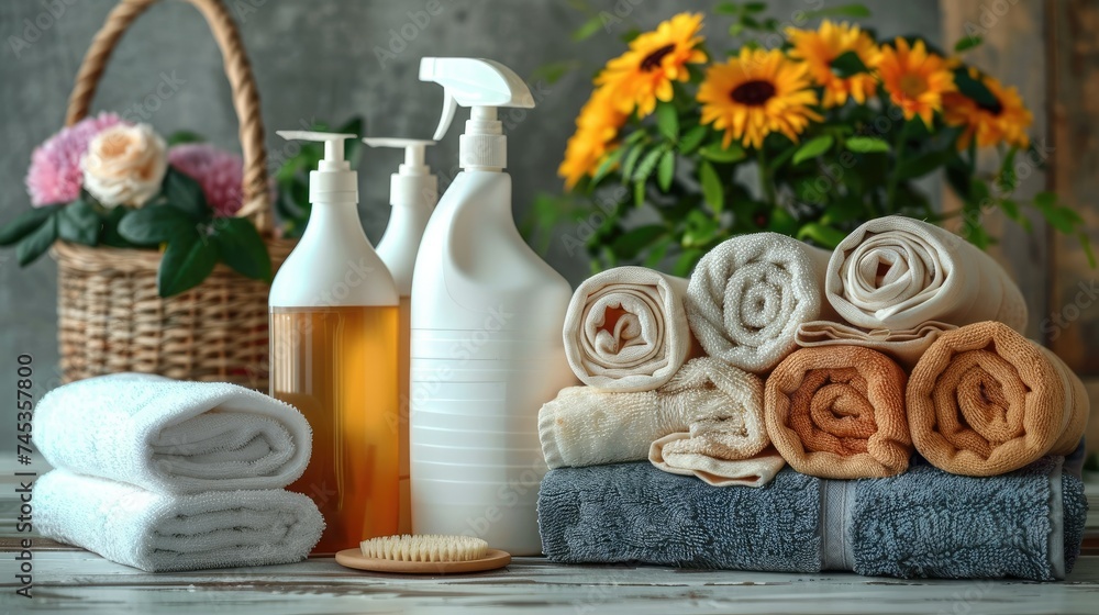Cleaning and laundry products on a table, Basket of chemical and alternative eco detergent. Generative AI. Cleaning and laundry products on a table, Basket of chemical and alternative eco detergent. Generative AI.
