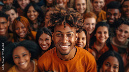 A high-angle shot capturing a large  diverse group of people smiling