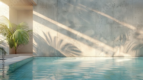 A tropical summer setting featuring a concrete wall, pool water, and palm leaf shadow © ArtCookStudio