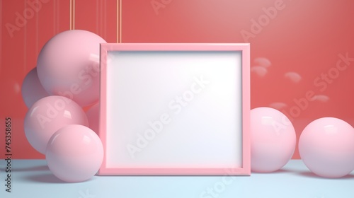 Blank poster frame on a pink wall with smooth light in soft pastel color.