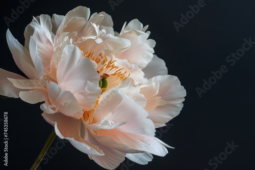 Pink white peony closeup on a black background. Beautiful flowers. The beginning of spring