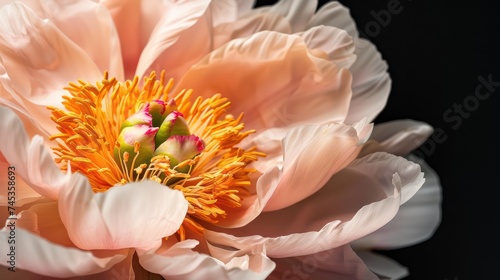 Pink white peony closeup on a black background. Beautiful flowers. The beginning of spring