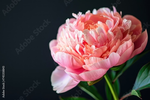 Pink white peony closeup on a black background. Beautiful flowers. The beginning of spring