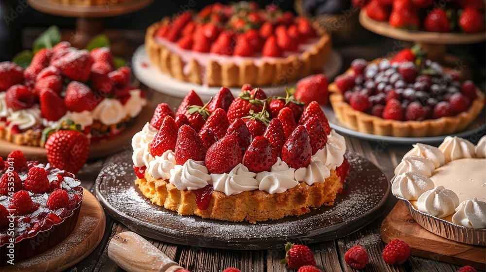 Strawberry cakes and pies on a rustic wooden table, an ideal batch of fresh fruits, dessert. Generative AI. Strawberry cakes and pies on a rustic wooden table, an ideal batch of fresh fruits, dessert. Generative AI.