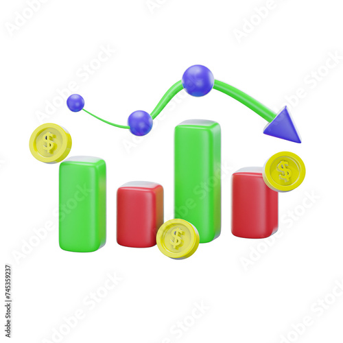 3d bar graphs and gold coin icon isolated on transparent background-3D illustration