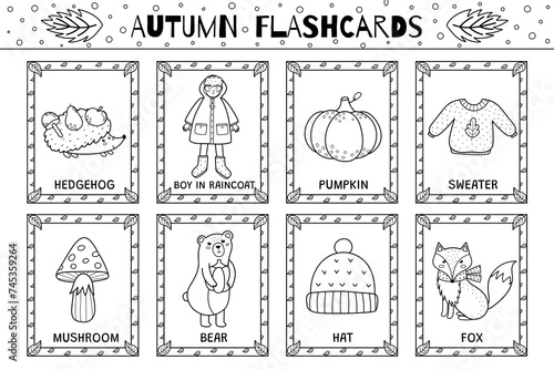 Autumn flashcards black and white collection for kids. Flash cards set with cute characters for school and preschool in outline. Learning to read activity for children. Vector illustration