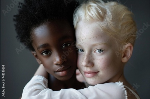 studio fashion shot of natural beauty african american boy with natural beauty albino perfect skin girl