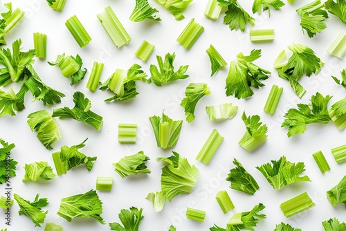 Green fresh celery sticks pieces on white background
