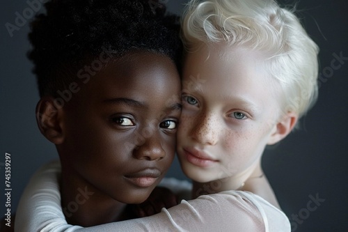 studio fashion shot of natural beauty african american boy with natural beauty albino perfect skin girl