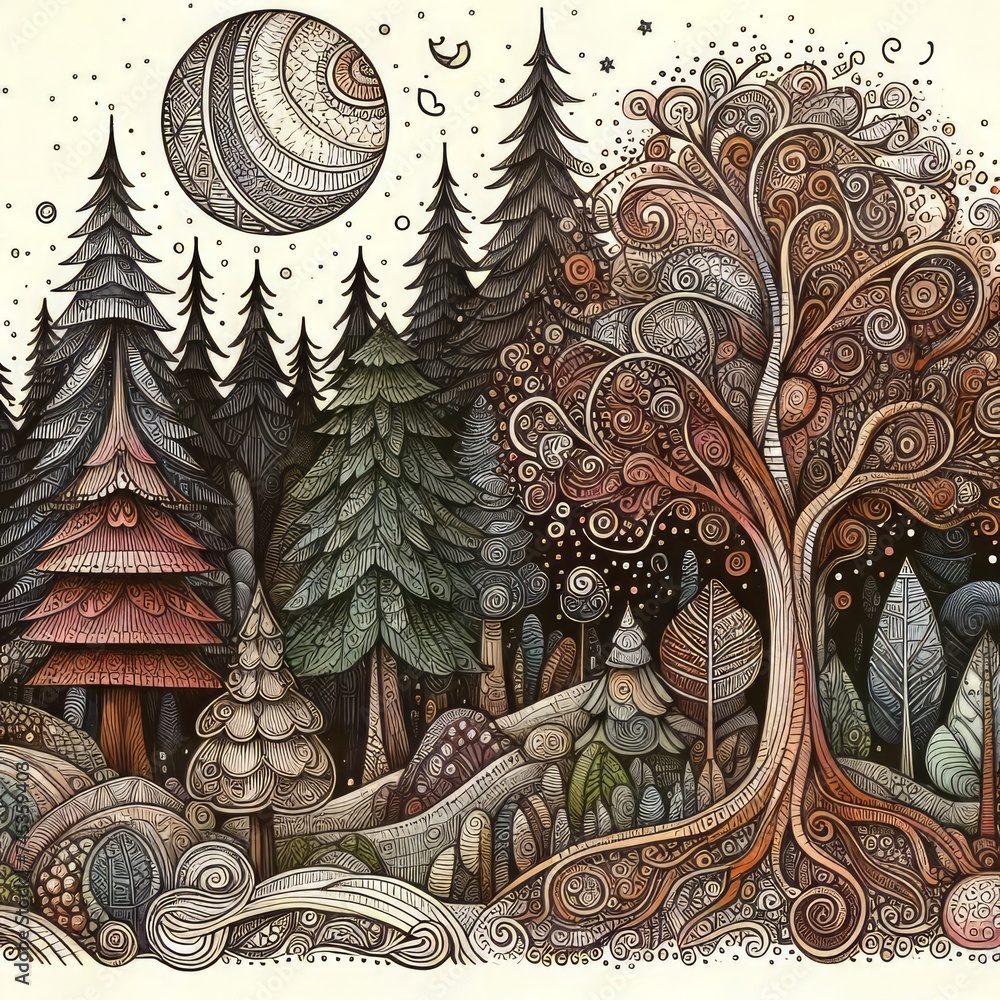 Doodle illustration of rural landscape, forest and wilderness as a graphic collage