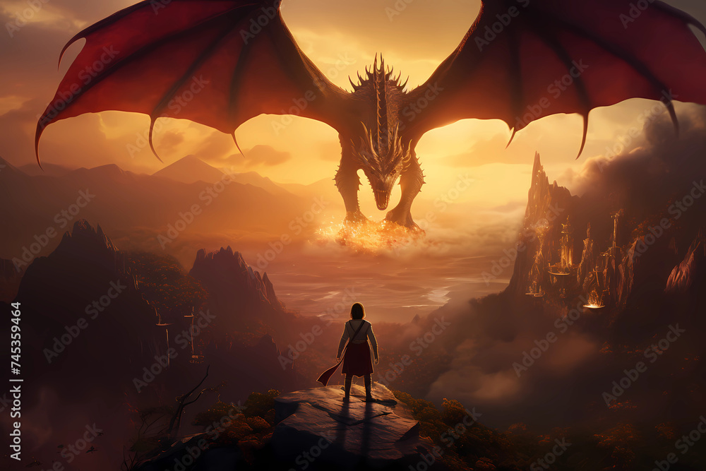 An epic fantasy adventure unfolds in a mythical amber realm, as a colossal dragon descends upon a brave warrior, casting a looming shadow over their valiant struggle against the forces of darkness - obrazy, fototapety, plakaty 