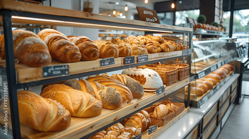 Contemporary supermarket bakery cafe interior, assorted breads on shelves. Generative AI.