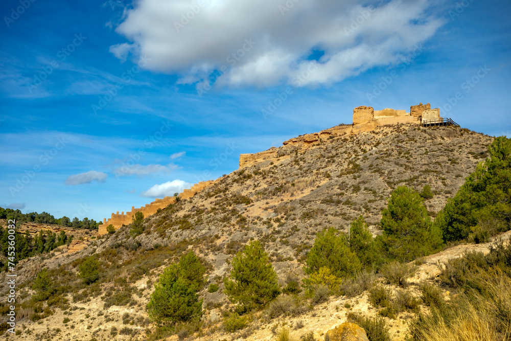 View of the ruins of the medieval castle of Pliego, Murcia Region, Spain, on a steep, rocky hill
