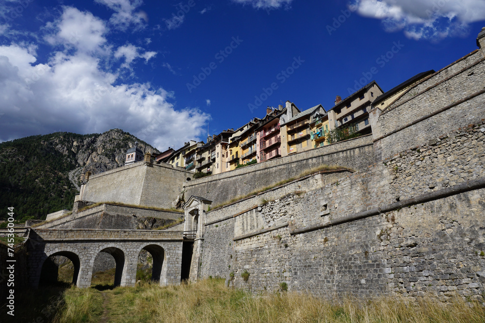 view of the fortification walls of the town of briançon in the mountains in the southern alps, france
