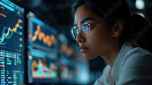 Woman working in cybersecurity in bank with a sleek desk and visible charts of data analysis, modern office . Generative AI. © visoot