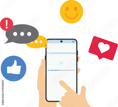 Social media and marketing concept. Internet liker, happy social media, like or positive feedback from remote. Hands holding mobile smartphone with Likes notification icons. Vector illustration.


