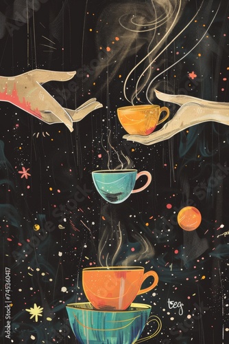 Simple line Illustration chalkboard coffee or tea flying In the Universe black color grunge texture, colorful element, empty space.