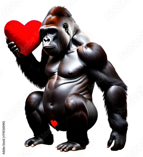 Gorila in love holds a heart in her hands png