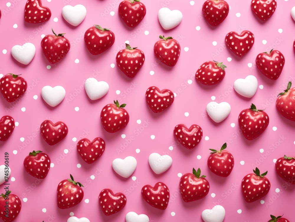 Pink background with strawberries and small white hearts. Pink background with strawberries and small white hearts.