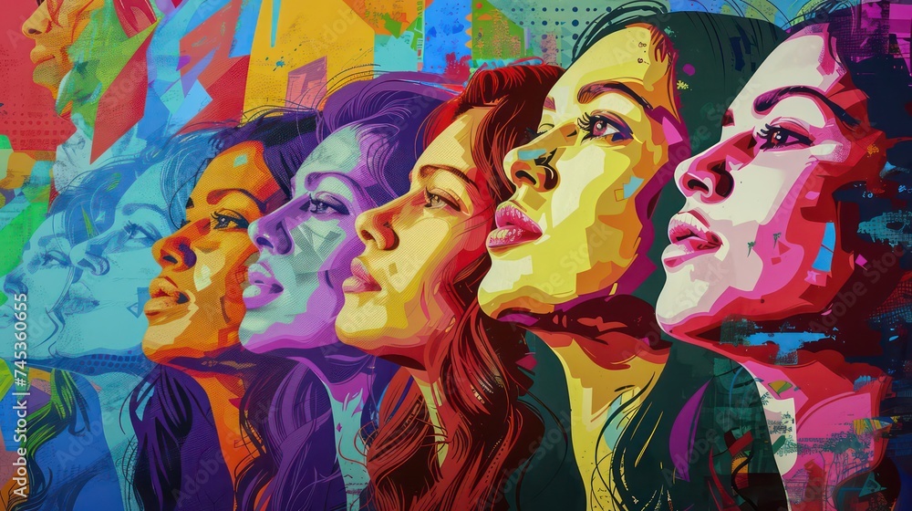 Fototapeta premium Multi-ethnic women. A group of beautiful women with different beauty, hair and skin color. The concept of women, femininity, diversity, independence and equality. illustration.