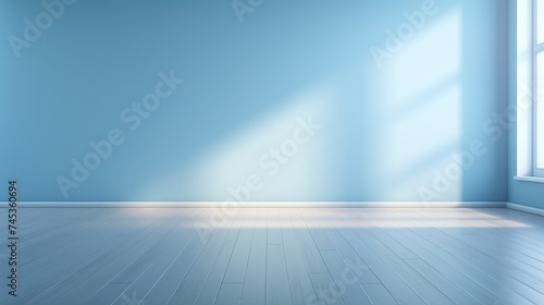 Smooth blue empty wall and wooden floor with shadow from window for product display and presentation background.