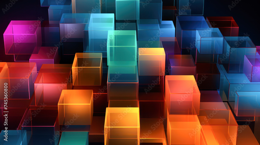 Fototapeta premium Abstract composition featuring vibrant, multicolored translucent cubes arranged in a dynamic 3D grid with a dark background for a modern, futuristic feel.