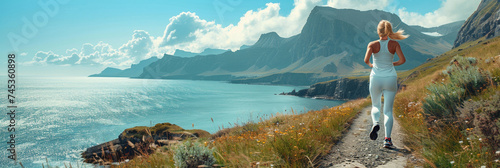 Fit woman jogging along a picturesque mountainous suny coastline.