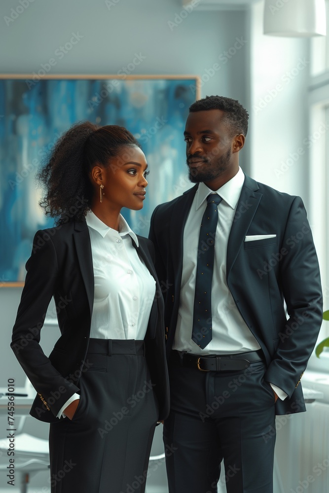 A professional and successful business teamwork scene with a businessman and businesswoman in a corporate office setting. A professional and successful business teamwork scene with a businessman and businesswoman in a corporate office setting.