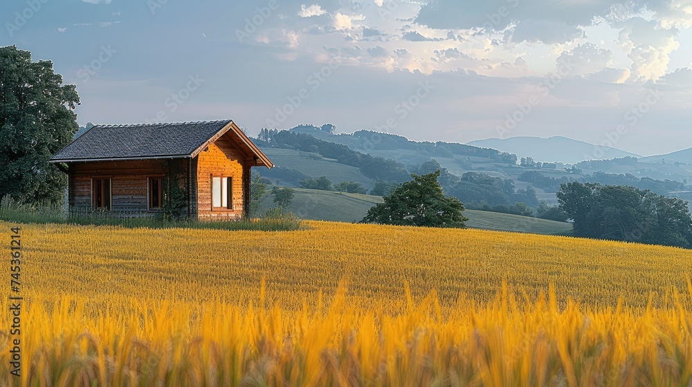 A wooden cabin sits by another field golden rice. Generative AI. A wooden cabin sits by another field golden rice. Generative AI.