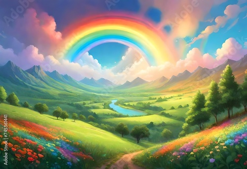 Vibrant rainbow heart-shaped cloud hovering above a lush green valley