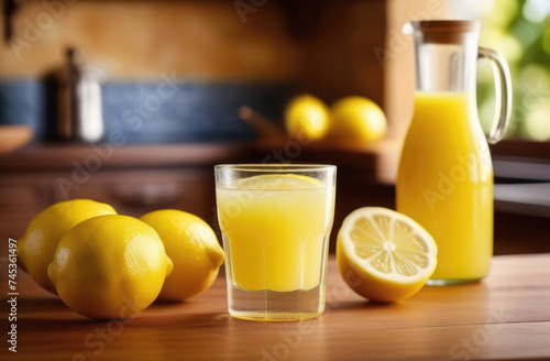 a glass of freshly squeezed lemon juice on a wooden table, citrus drink, refreshing summer lemonade, ripe lemons, bright kitchen, sunny day