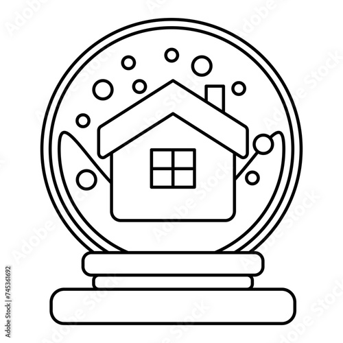 Snow dome line icon. Snow globe icon with fir tree and house. Decoration for Christmas and New Year holiday. Vector illustration isolated on background.