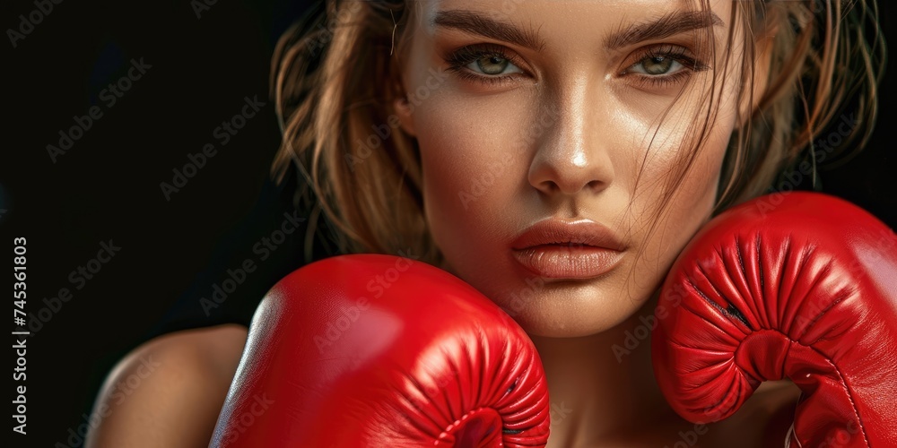 A beautiful young sporty boxing girl in a defense position A beautiful young sporty boxing girl in a defense position