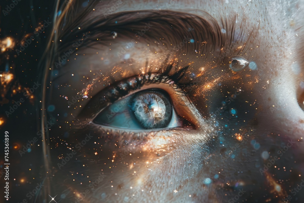 A close-up of a person's eyes merged with the texture of swirling galaxy stars in a double exposure A close-up of a person's eyes merged with the texture of swirling galaxy stars in a double exposure