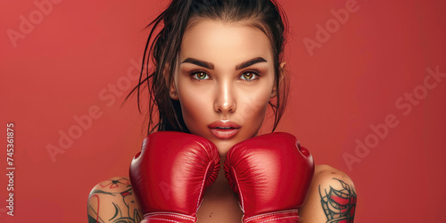 A beautiful young sporty boxing girl in a defense position