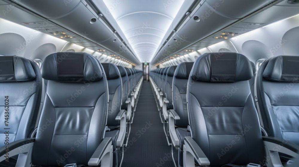 An empty airplane cabin with rows of empty seats. The seats are made of gray leather and have gray headrests. The walls of the cabin are white. An empty airplane cabin with rows of empty seats. The seats are made of gray leather and have gray headrests. The walls of the cabin are white.