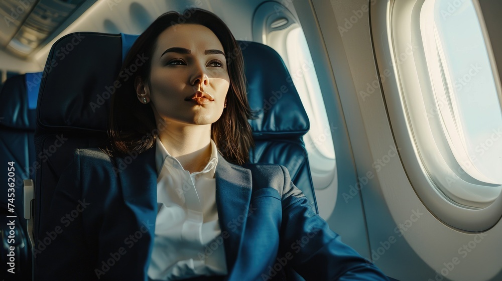 Thoughtful businesswoman looking out airplane window during flight. Thoughtful businesswoman looking out airplane window during flight.