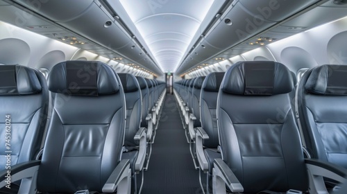 An empty airplane cabin with rows of empty seats. The seats are made of gray leather and have gray headrests. The walls of the cabin are white.