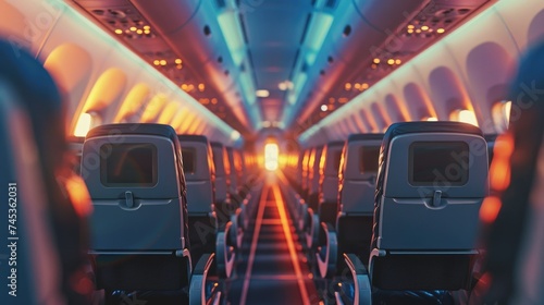 An empty airplane cabin with a bright light at the end of the aisle.