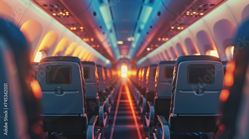 An empty airplane cabin with a bright light at the end of the aisle.