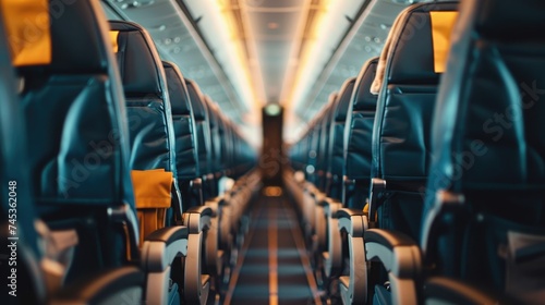 An empty airplane cabin with blue seats and yellow headrests.